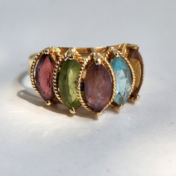 Estate Jewelry - VTG "PJT 14K 585" 14k Yellow Gold Garnet Peridot Topaz & Amethyst Ring Sz 7